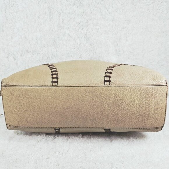 BRIGHTON Beige Pebble Leather Hobo Shoulder Bag Whipstitching Tassel Drawstring - Picture 10 of 16